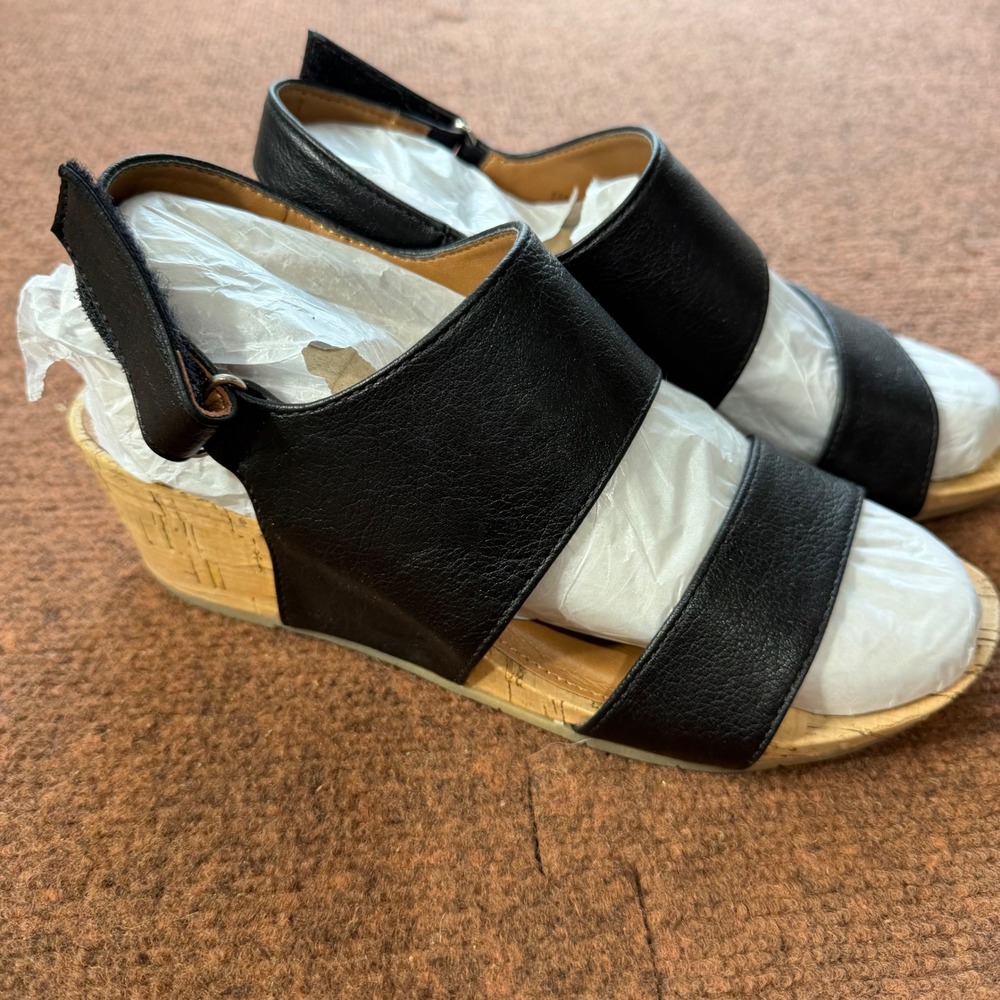A+ EuroSoft by Sofft Womens Black Leather Cork‎ Wedge Slingback Sandals Size 6